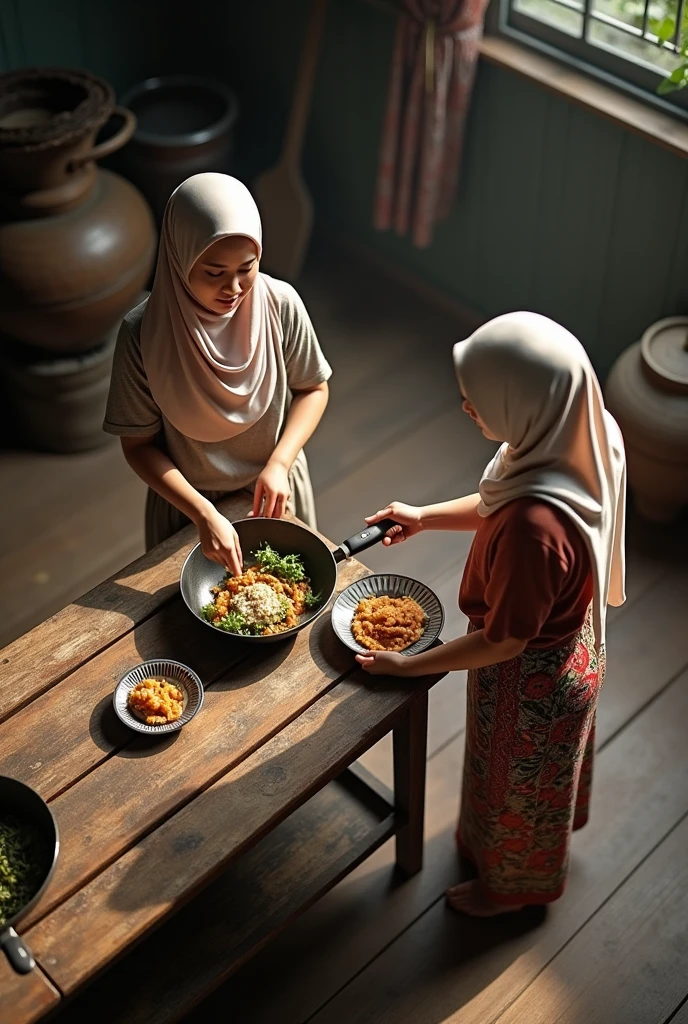 (photorealism:1.2), a top view of two malay hijab beauty girl,, wear a shabby t-shirt and a batik sarong, sit on a wooden floor in a traditional kitchen, a girl is pouring a meal into a wok and her friend is pick up a plate of meal, old urn, top aerial angle, in a morning sunshine,