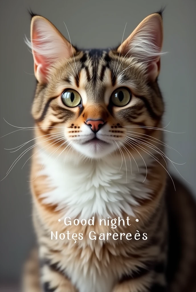 A photo of a realistic cat that says "good night tilin" in Spanish