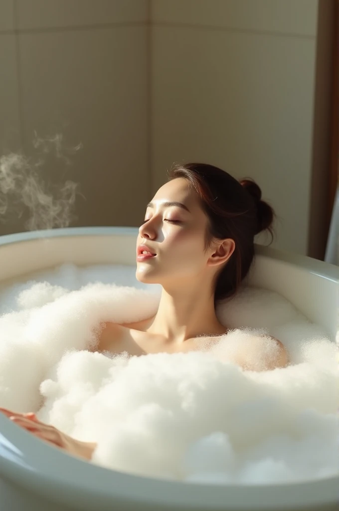 Woman in bathtub with foam