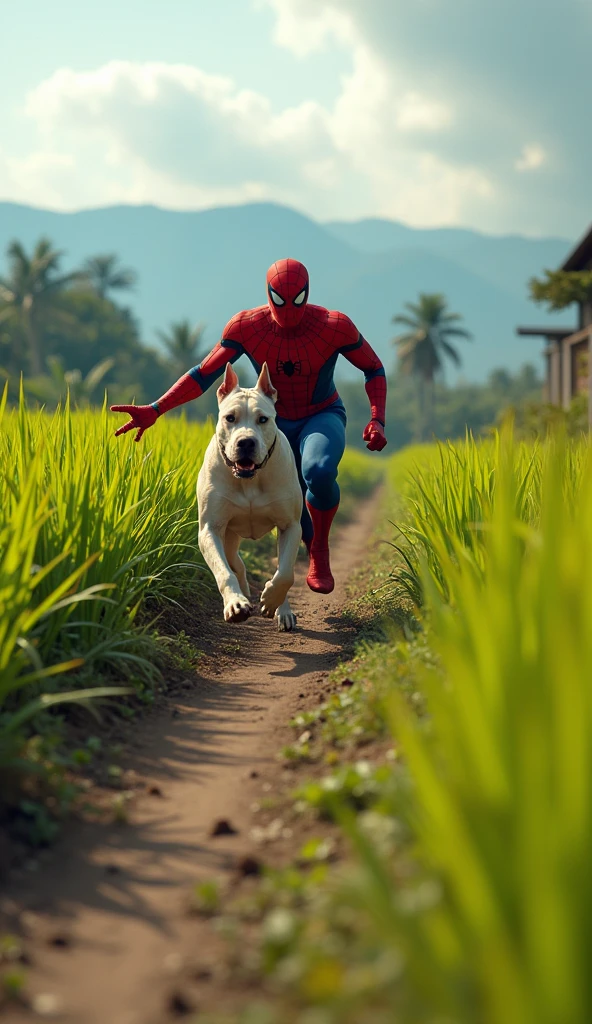 A highly realistic and humorous scene set near a lush Indonesian rice field. Spiderman, in his iconic red and blue suit, is seen sprinting in a panic, being chased by a muscular and fierce-looking Pitbull. The dog is bounding after him with determination, while Spiderman looks back in fear, his eyes wide and his body leaning forward as he desperately tries to escape. The background features green rice paddies, a narrow dirt path, and distant mountains under a bright, clear sky. The scene is comically intense, capturing the absurdity of Spiderman, a superhero, being scared by a dog, with the situation exaggerated for comedic effect, highly detailed, no blurring, colorful, perfect fingers.