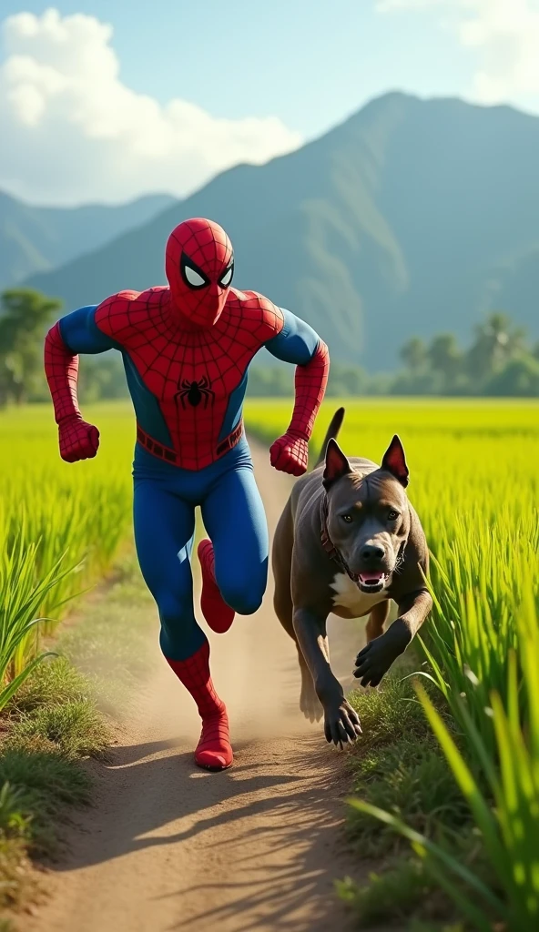 A highly realistic and humorous scene set near a lush Indonesian rice field. Spiderman, in his iconic red and blue suit, is seen sprinting in a panic, being chased by a muscular and fierce-looking Pitbull. The dog is bounding after him with determination, while Spiderman looks back in fear, his eyes wide and his body leaning forward as he desperately tries to escape. The background features green rice paddies, a narrow dirt path, and distant mountains under a bright, clear sky. The scene is comically intense, capturing the absurdity of Spiderman, a superhero, being scared by a dog, with the situation exaggerated for comedic effect, highly detailed, no blurring, colorful, perfect fingers.