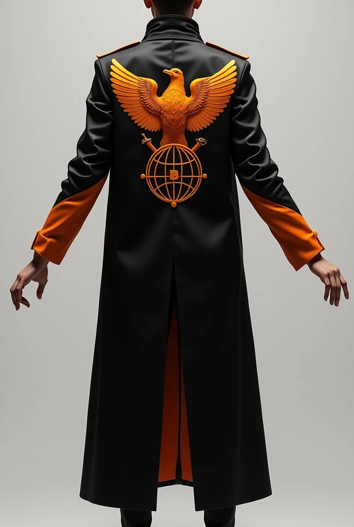Create a coat shape with a dove and a globe in the center of the back, with the letters BA, and an overall black and orange color.