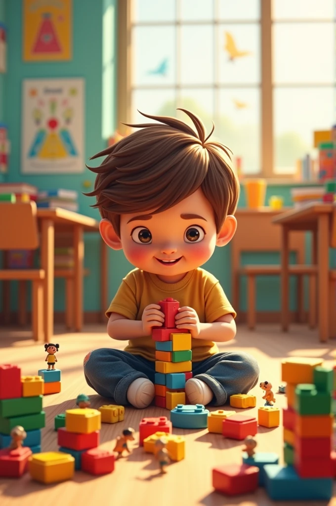 Boy at school playing with blocks