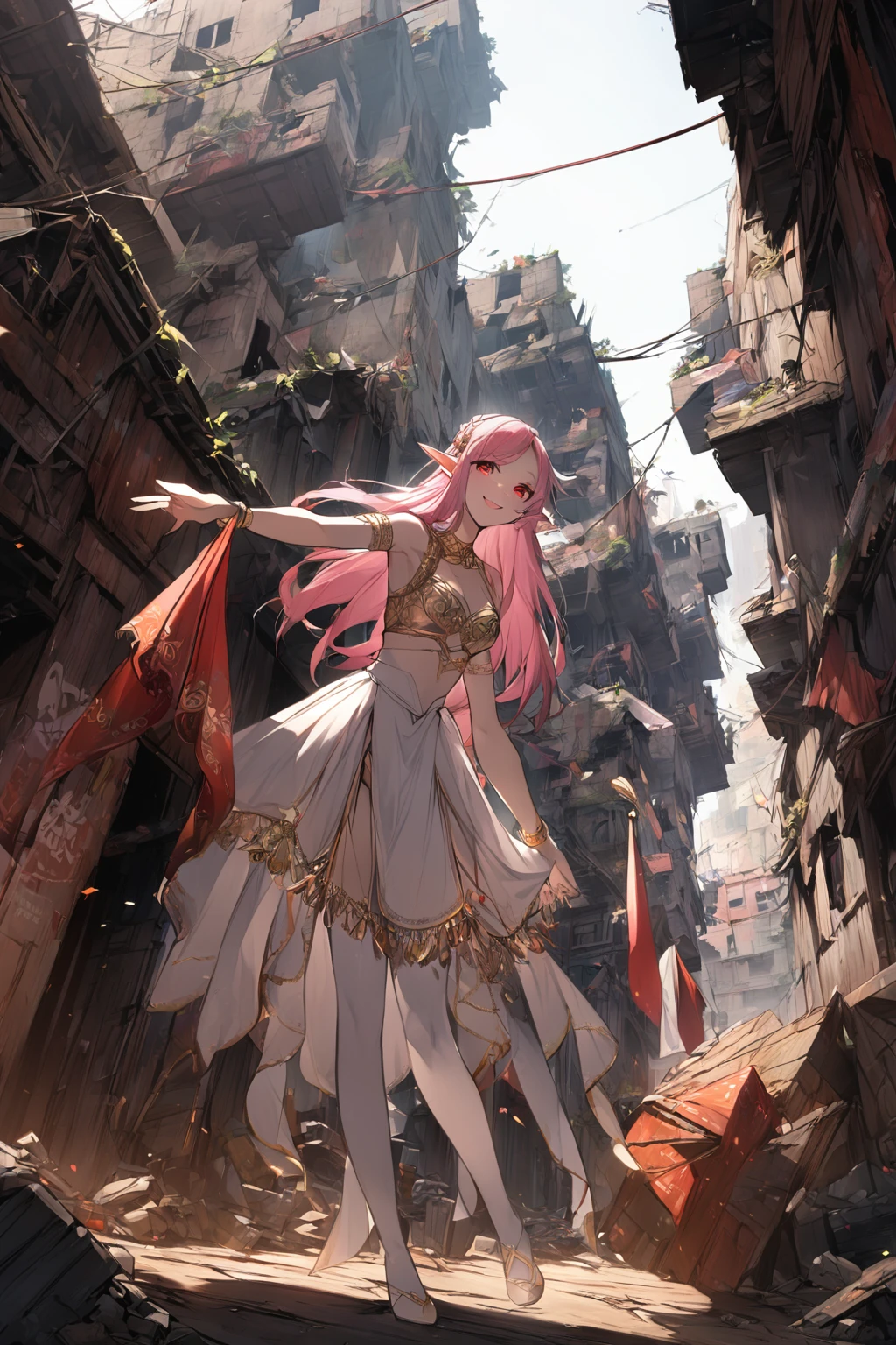 1 girl, Female Elf, , Long, straight pink hair, thin white clothing, dancer costume , Red eyes, smile,laugh,white skin,standing,ruin place background,((dynamic pose)),((dynamic angle)),