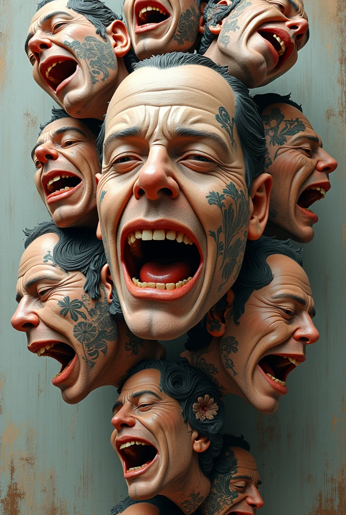 Expressionist artwork images of multiple floating ceramic heads of heavily tattooed men, 3d collage style, make it weird and gallery worthy