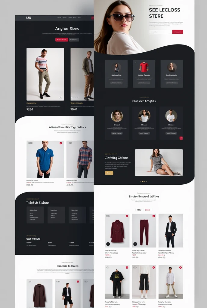 I need to generate a layout sketch for a website dedicated to selling clothes online (ecommerse) with main colors black and white and other colors like red and blue etc.