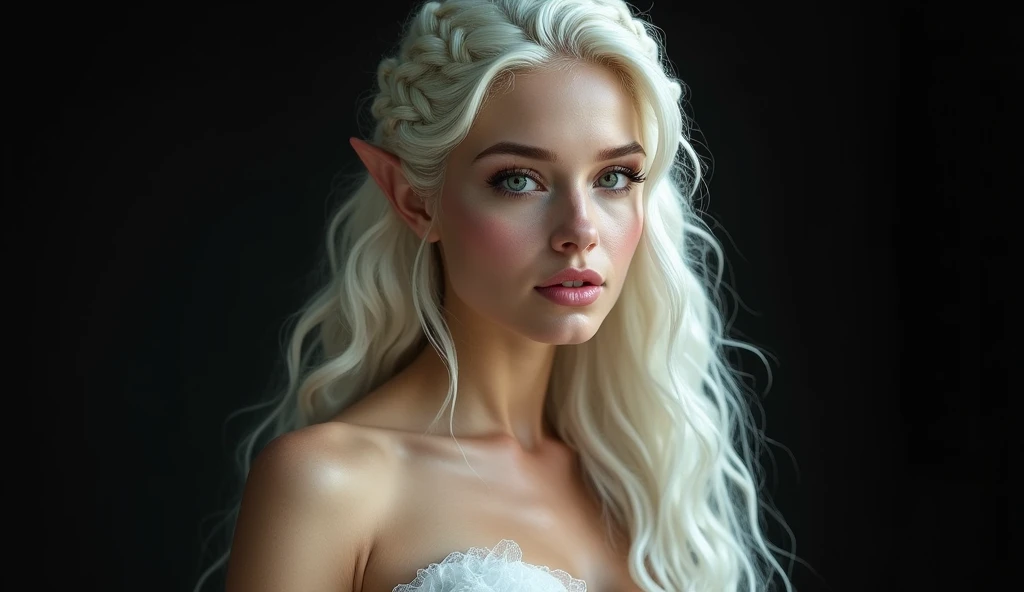 HYBRID FACE BETWEEN CLAUDIA SCHIFFER AND GISELE BUNDCHEN , BUST IMAGE STYLE, STUDIO IMAGE STYLE, BLACK INFINITE BACKGROUND, DIFFUSED LIGHTS ON FACE, STRONG BACK LIGHTS, CLOSE FACE SHOT, PLATINUM LONG HAIR, HUGE STRAIGHT LONG HAIR, BRAID HAIR STYLE, PLATINUM EYEBROWS, VERY PALE SKIN, ELF WOMEN, TOLKIEN MITHOLOGY, EXPOSED TIP EARS, HIGH CHEEKBONES, ROSY CHEEKS, GORGEOUS LIPS, SOFT LIPSTICK, GORGEOUS CURVY BODY, SOFT MUSCLES, VOLUMOUS BREASTS, STRAPLESS CLEAVAGE, WHITE VICTORIAN DRESS, ENIGMATIC FACE EXPRESSION, SIDE FACE VIEW, EYES LOOKING TO THE SIDE, TOLKIEN MITHOLOGY, HIGH QUALITY IMAGE, MASTERPIECE, 8K
