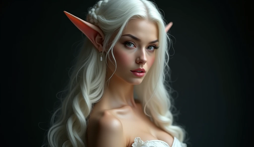 FAIRY WITH AN HYBRID FACE BETWEEN CLAUDIA SCHIFFER AND GISELE BUNDCHEN , BUST IMAGE STYLE, STUDIO IMAGE STYLE, BLACK INFINITE BACKGROUND, DIFFUSED LIGHTS ON FACE, BACK LIGHTS ON HAIR, LUMINOUS HAIR, CLOSE FACE SHOT, PLATINUM LONG HAIR, HUGE STRAIGHT LONG HAIR, BRAID HAIR STYLE, PLATINUM EYEBROWS, VERY PALE SKIN, ELF WOMEN, TOLKIEN MITHOLOGY, EXPOSED TIP EARS, HIGH CHEEKBONES, ROSY CHEEKS, GORGEOUS LIPS, SOFT LIPSTICK, GORGEOUS CURVY BODY, SOFT MUSCLES, VOLUMOUS BREASTS, STRAPLESS CLEAVAGE, WHITE VICTORIAN DRESS, ENIGMATIC FACE EXPRESSION, SIDE FACE VIEW, EYES LOOKING TO THE SIDE, TOLKIEN MITHOLOGY, HIGH QUALITY IMAGE, MASTERPIECE, 8K