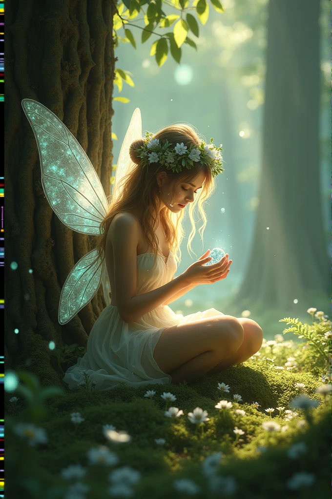 a forest fairy with translucent wings and a glow around her body, holding a sparkling stone and tears on her face, in a small clearing sitting at the foot of a tree