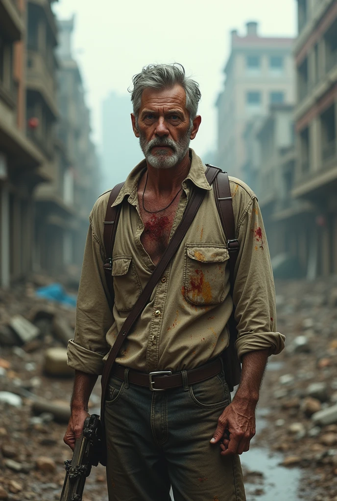 In the background of a post-apocalyptic city, a man in his 60's with full hair and wrinkles, dressed in casual, torn clothes with blood stains on them.