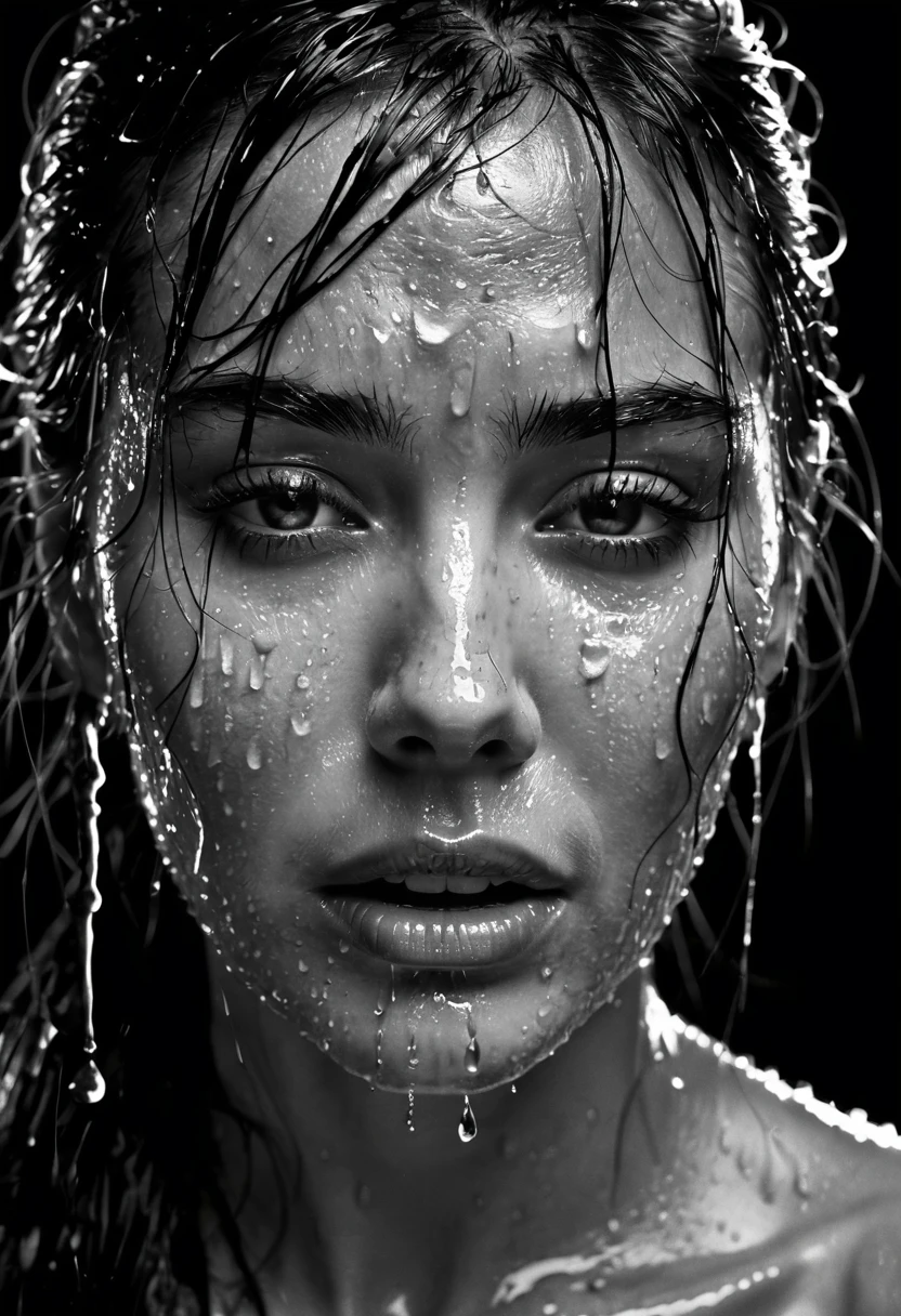 a close up of a woman with wet hair and a black background, crying model, Photography by Albert Watson, tears dripping from the eyes, wet and dripping hair, amazing and temperamental, por Irakli Nadar, tears streaming down her face, 8k Artistic Portrait Photography, rain drops on face, black and white artistic photo, sensual expression, emotive portrait, close up, facial portrait, macro lens, 100 mm 1.8, dramatic pose, award-winning portrait, clear as crystal, micro details woman with wet sexy orgasm
