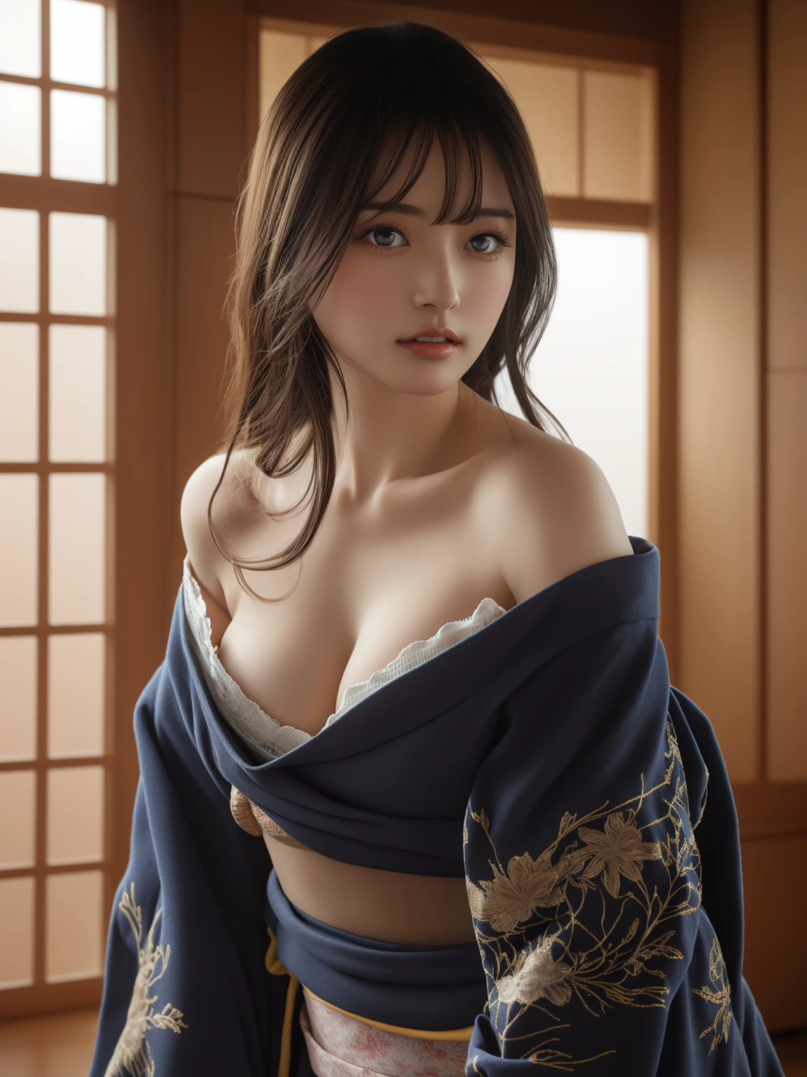 masterpiece, best quality, soft light, ultra high res, ray tracing,( photorealistic:1.4), RAW photo, memorable scenes, sensual atmosphere, very pretty look face, and very pretty eyes, cute images, lovely images, 1japanese girl, solo, cute, ( pupil, lights in the eyes), detailed beautiful face,( high resolution detail of human skin texture), Beautiful girl, gravure body type, large breasts, solo focus,( full body shot), professional angle, underwear silk, decorated kimono, Twelve-layered ceremonial kimono, multilayer structure, Sleeve spread, plush fabric,( off shoulder kimono:1.3),( collarbone:1.2),( bare shoulder), cleavage,( no bra:1.5), outdoor, shrine, sexual pose,( portrait)