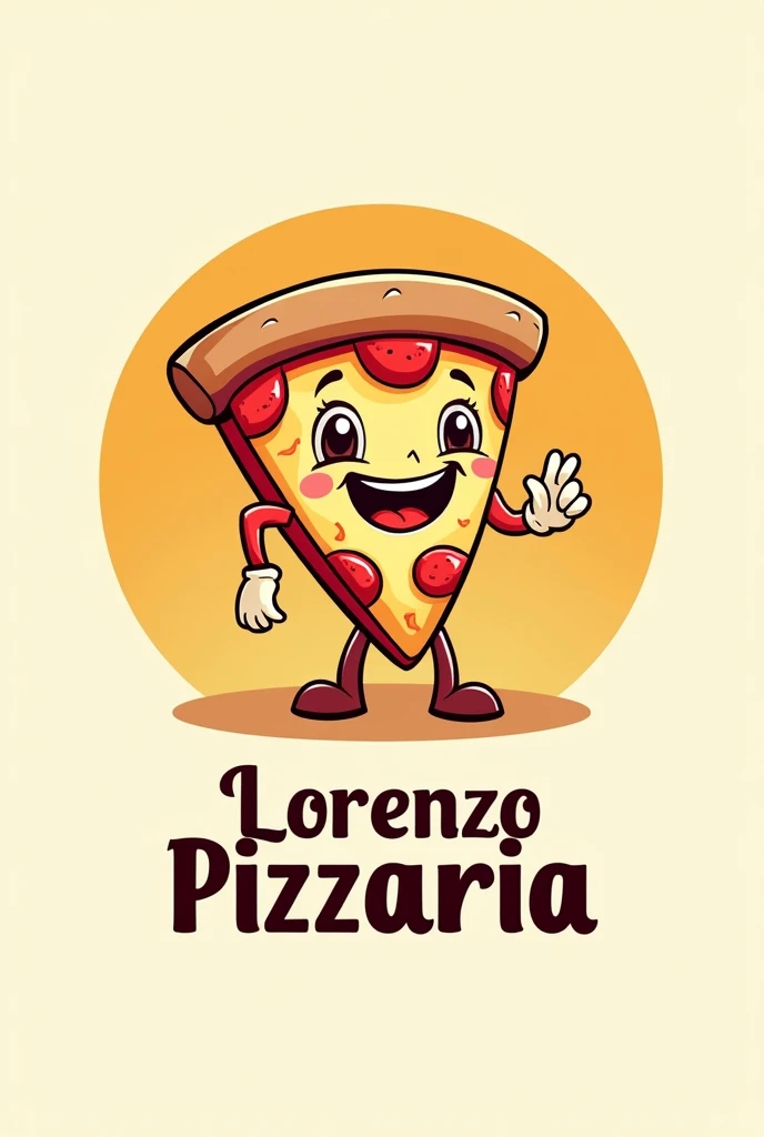 Create a logo for a pizzeria, with one character being a slice of pizza, with cartoon style face and body, that has legs and arms with the words Lorenzo Pizzaria written on it, with a circle behind, in pleasant colors 