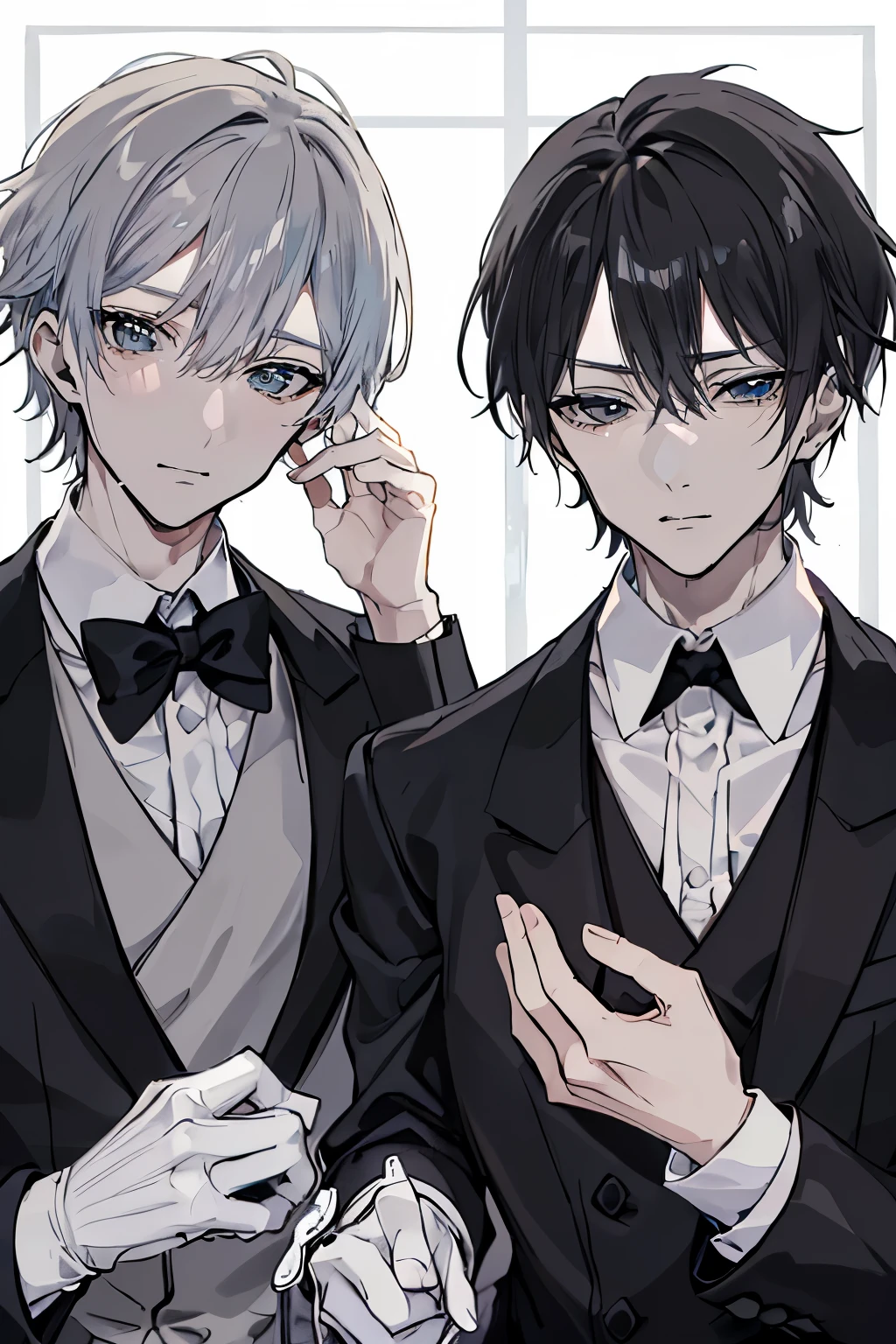 (Mastepiece)、(Best Quality)、Very detailed、((Two butlers:1.5))、Perfect Face、Beautiful Face、Very detailedな顔、(Black-haired man:1.3)、(Grey-haired man:1.3)、Deacon&#39;s uniform、(monocle:1.3)、(Wearing white gloves on both hands:1.3)、Smiling face