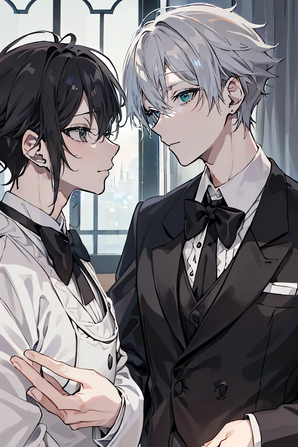 (Mastepiece)、(Best Quality)、Very detailed、((Two butlers:1.5))、Perfect Face、Beautiful Face、Very detailedな顔、(Black-haired man:1.3)、(Grey-haired man:1.3)、Deacon's uniform、(monocle:1.3)、(Wearing white gloves on both hands:1.3)、Smiling face