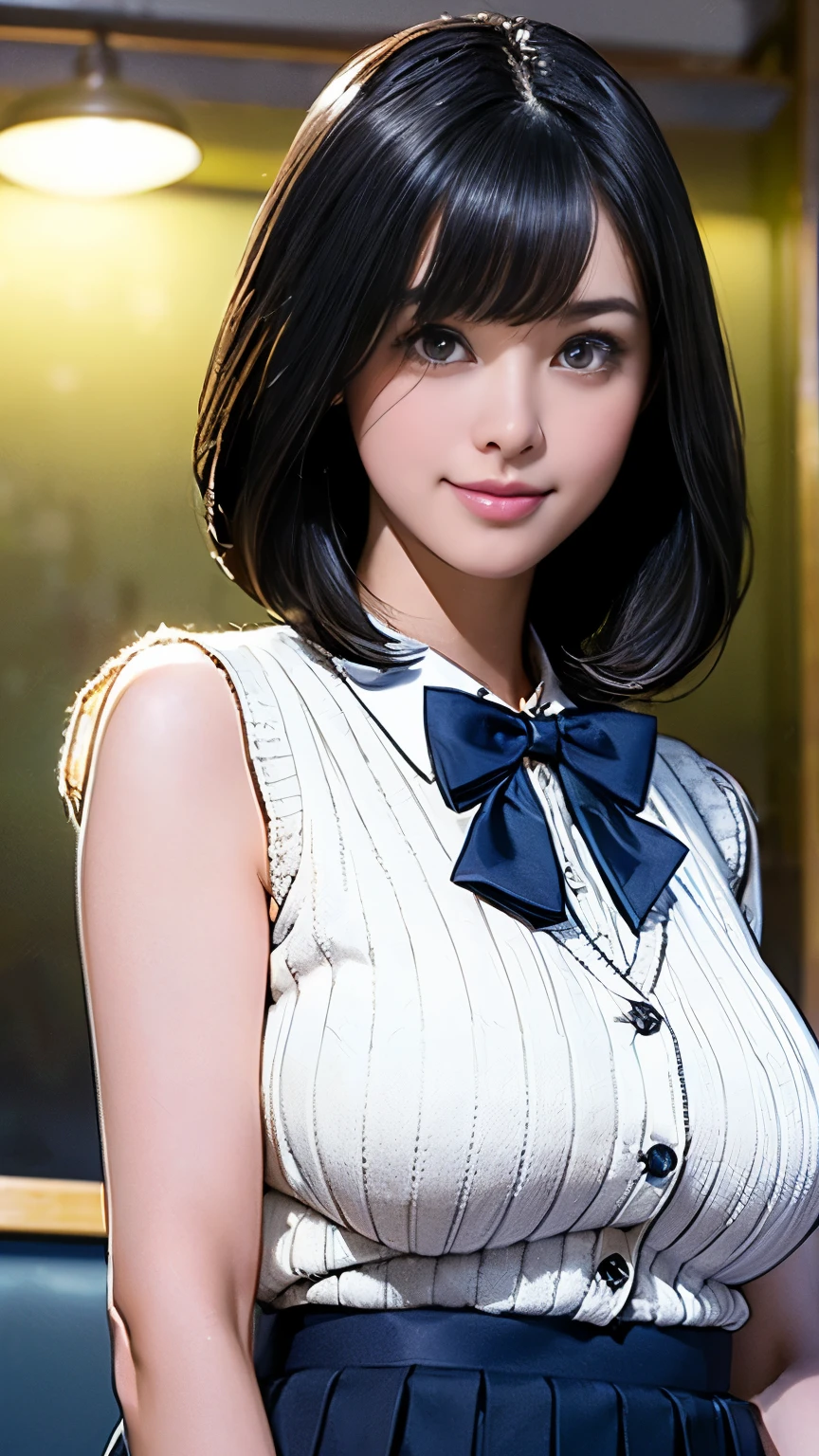 (masterpiece:1.2, best quality), (Practical, photoPractical:1.4), (Large Breasts:1.5), Fine quality illustrations, (Natural side light, Cinema Lighting), Written border depth, Looking at the audience, (Face Focus, Upper Body), Front view, 1 girl, Japanese, High school girl, , Perfect face, Symmetrical cute face, Radiant Skin, (Bob Hairstyle:1.7,Black Hair), Asymmetrical bangs, big eyes, Drooping eyes, Long eyelashes chest), Thin, Beautiful hair, Pretty Face, Pretty and beautiful eyes, Beautiful clavicle, Beautiful Body, Beautiful breasts, Beautiful thighs, Beautiful legs, Beautiful fingers, ((High-quality fabric texture, Brown knitted vest, Short sleeve white collar shirt, Navy blue pleated skirt, Navy bow tie)), (beautiful scenery), night, (Flower shop interior), Standing, (Smile, Predominant, open mouth), (From below:1.5),(Low visibility:1.5), (From below)