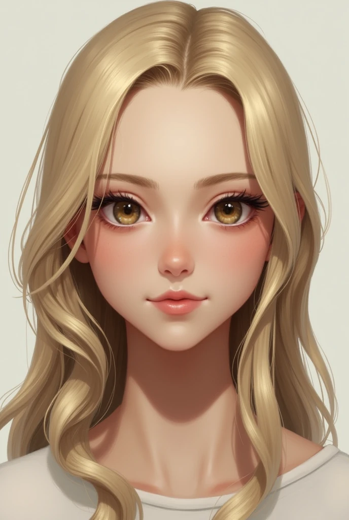 An who is blonde with brown eyes and a chin that appears to be pulled forward and a slightly large forehead. (She has no breasts or ass)