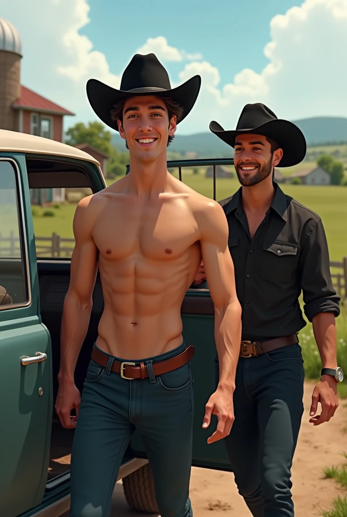 A young handsome cute skinny shirtless guy getting out of a car with a friend who has black clothes and a black cowboy hat on a farm