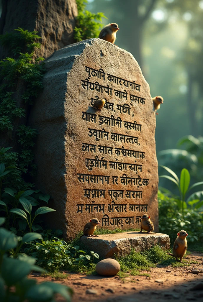 A close-up of an ancient rock edict with inscriptions in Brahmi script, showing the decrees of Emperor Ashoka promoting dharma, non-violence, and moral living. The rock is weathered and aged, with a dense jungle in the background and small animals peeking through the foliage."