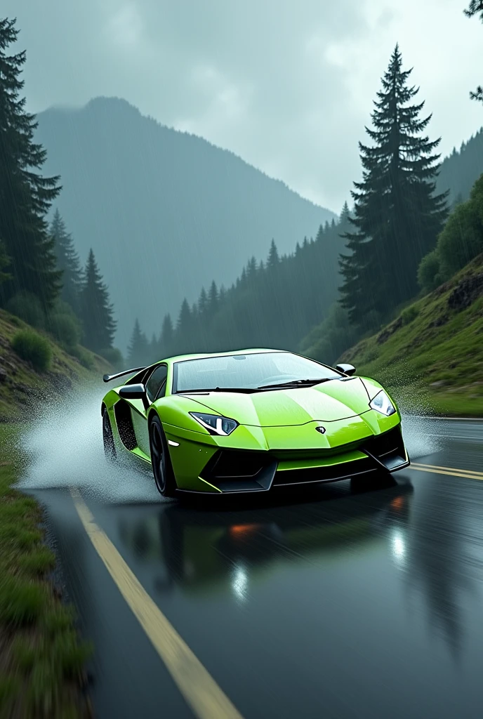 A car with lime green colour drifting on the hills in rainfall