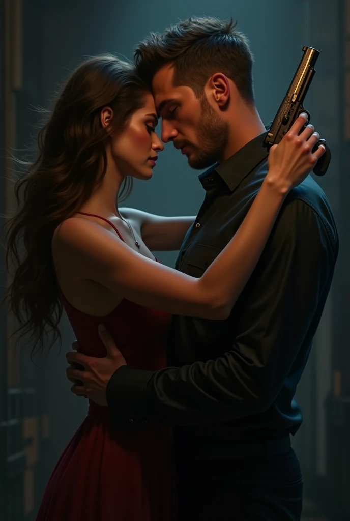A beautiful women hug a handsome men and the men has gun in his hand
