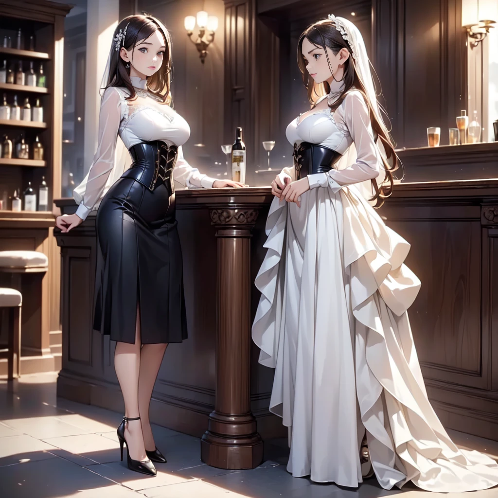 (masterpiece:1.3),(best quality, highest quality),((Full Body Shot,Including face)),1girl,Standing position,4K,masterpiece,((Focus on the face)),((Symmetrical facial features)),Beautiful woman,slender,Beautiful feet,((High heels)),Detailed depiction of the face,bar counter,uniform,Realistic,profile,Corset standing diagonally,Long skirt,White Wedding Dresses