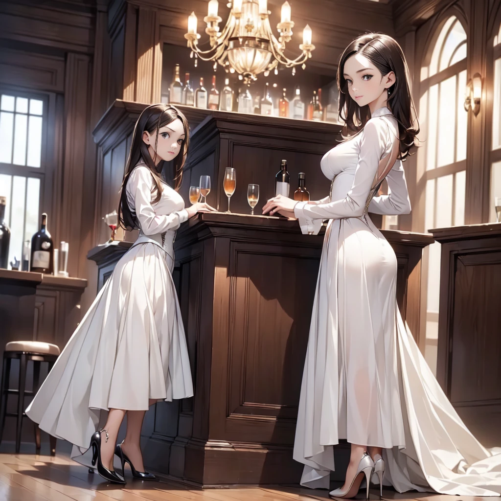 A young couple is romancing inside a vintage house. The woman is wearing a sexy short dress and has big hips. It is evening.