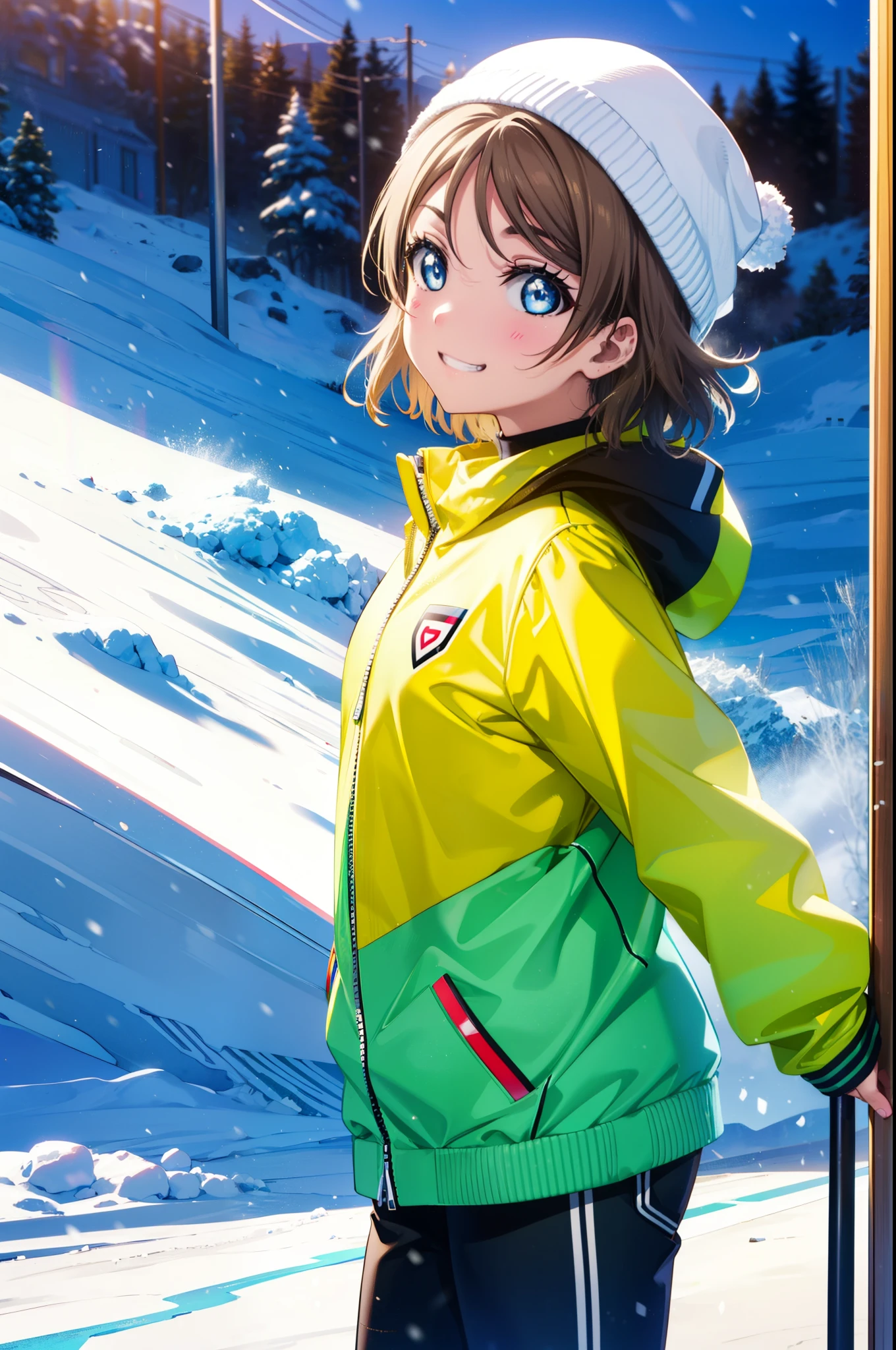 Yo Watanabe, Issei Watanabe, short hair, blue eyes, Brown Hair, smile, Grin,Yellow Wear、Outerwear is blue、Red trousers),sneakers,Snowboarding at a ski resort,whole bodyがイラストに入る,
break ourdoors, Snow Mountain,
break looking at viewer, whole body,(Cowboy Shot:1. 5)
break (masterpiece:1.2), Highest quality, High resolution, unity 8k wallpaper, (shape:0.8), (Beautiful attention to detail:1.6), Highly detailed face, Perfect lighting, Extremely detailed CG, (Perfect hands, Perfect Anatomy),