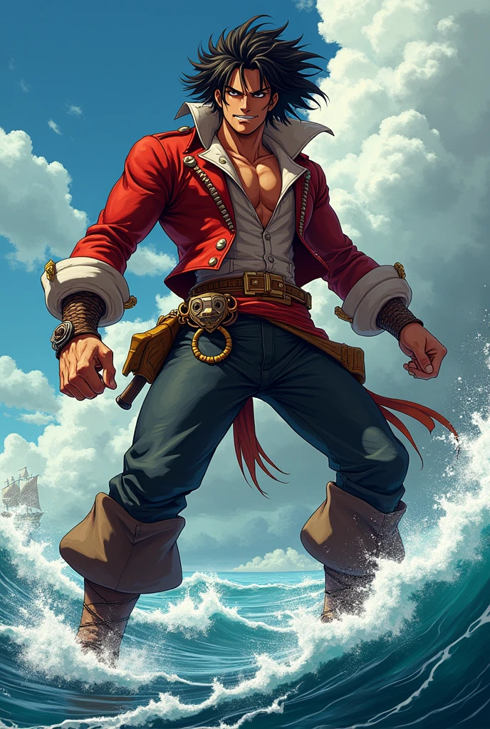 Draw a pirate in a more detailed anime version