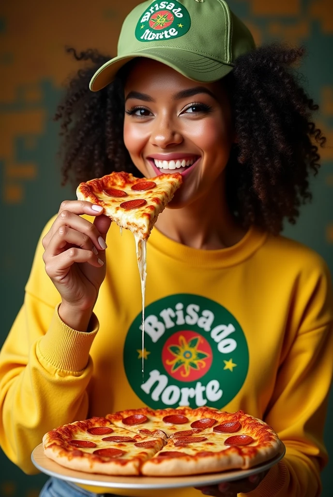 Photo studio for a marketing campaign of a woman with Brazilian features for a pizza shop with the name Brisas do Norte on the sweater with a small logo and a cap with the same name Brisas do Norte and eating a slice of pizza with the cheese melting 