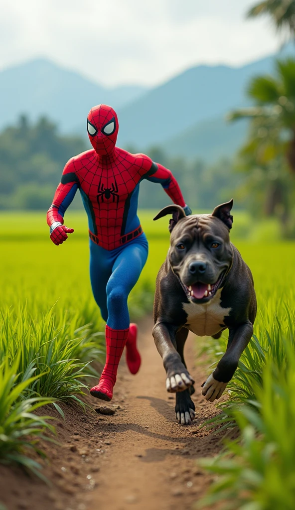 A highly realistic and humorous scene set near a lush Indonesian rice field. Spiderman, in his iconic red and blue suit, is seen sprinting in a panic, being chased by a muscular and fierce-looking Pitbull. The dog is bounding after him with determination, while Spiderman looks back in fear, his eyes wide and his body leaning forward as he desperately tries to escape. The background features green rice paddies, a narrow dirt path, and distant mountains under a bright, clear sky. The scene is comically intense, capturing the absurdity of Spiderman, a superhero, being scared by a dog, with the situation exaggerated for comedic effect, highly detailed, no blurring, colorful, perfect fingers.