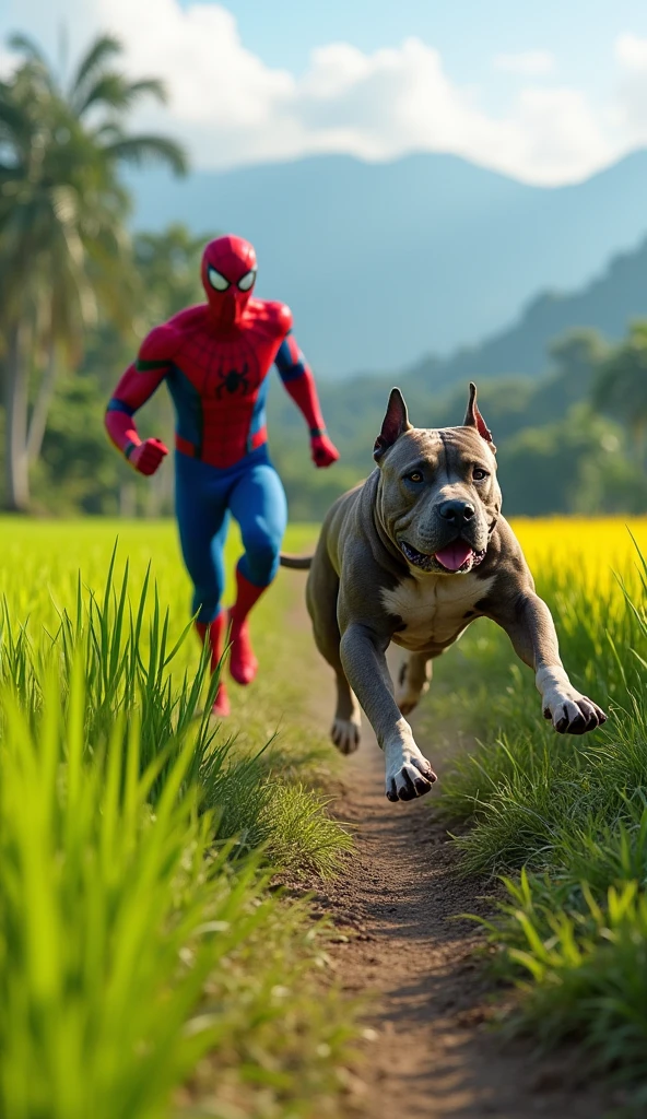 A highly realistic and humorous scene set near a lush Indonesian rice field. Spiderman, in his iconic red and blue suit, is seen sprinting in a panic, being chased by a muscular and fierce-looking Pitbull. The dog is bounding after him with determination, while Spiderman looks back in fear, his eyes wide and his body leaning forward as he desperately tries to escape. The background features green rice paddies, a narrow dirt path, and distant mountains under a bright, clear sky. The scene is comically intense, capturing the absurdity of Spiderman, a superhero, being scared by a dog, with the situation exaggerated for comedic effect, highly detailed, no blurring, colorful, perfect fingers.