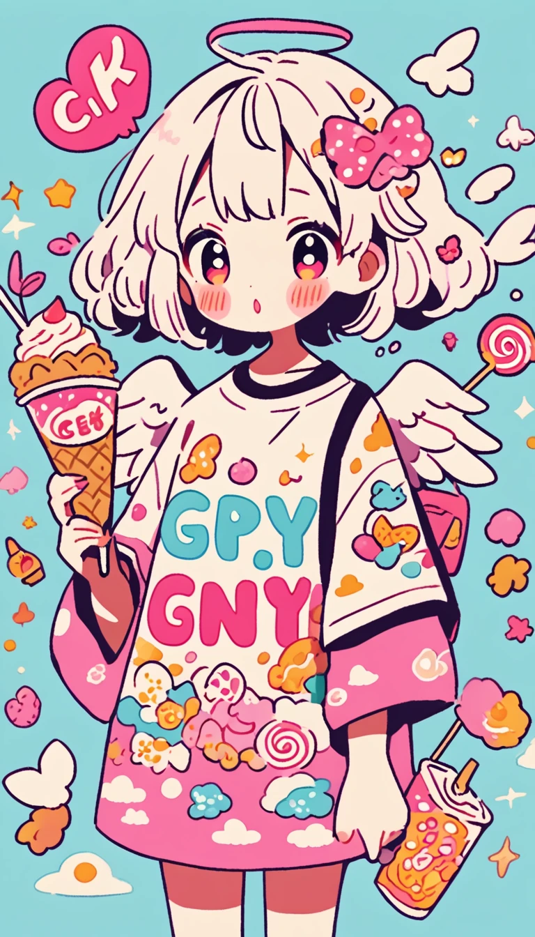 masterpiece, 8k, 4k, anime girl with angel wings holding a candy in her hand, decoration inspired illustrations, dreamy psychedelic anime, inspired by Hikari Shimoda, Ice Cream, eating ice cream, by Hikari Shimoda, anime aesthetic, Eating Ice Cream, cute art style, made of cotton candy, lofi girl, anime style illustration, anime vibes, animated illustration, soft animated illustration