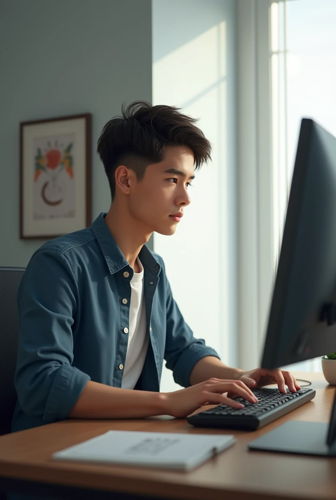 A man in his 20s sits working at a computer desk.