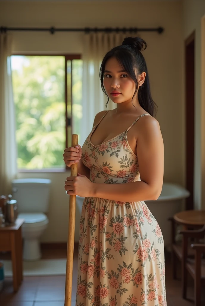 a beautiful malay woman, curvacious, tied hair, huge breasted, big mega breasts, wearing knee-lenght sleeveless floral pattern housedress, cleaning the house, holding broom in the living room, morning vibes, look at the viewer, natural light, realistic photography, wide angle shot, detailed facial features, intricate clothing folds, soft lighting, warm color tone, bathroom, photorealistic, cinematic composition, high quality, 8k, masterpiece