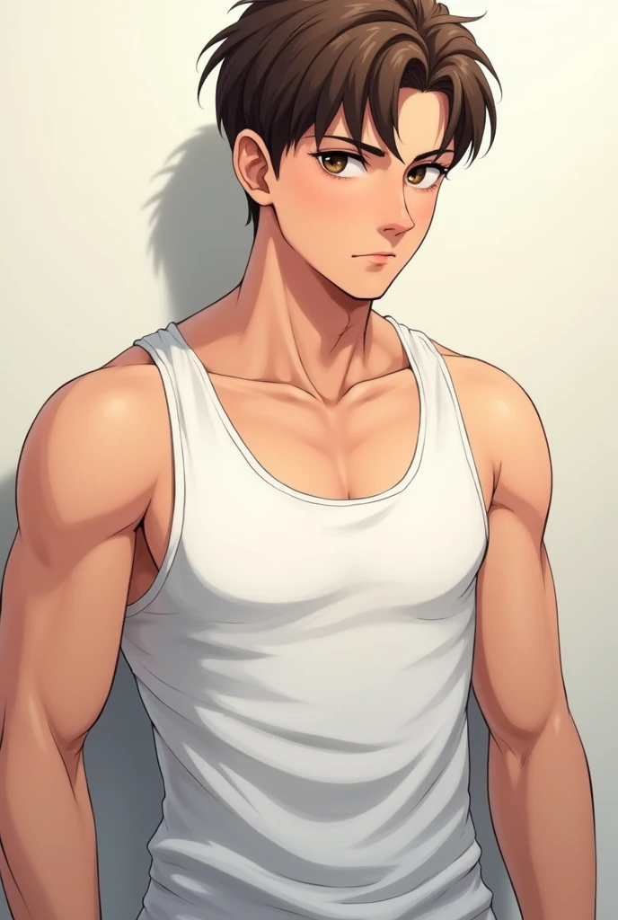 {1boy} {good quality} handsome man, man, attractive man, sexy, attractive, handsome, {{proportionate face}}, {{proportionate}}, slim eyes, {{anime style}}, {{2024 manhwa style}}, dark eyes, masculine man, short hair, brown hair, painting, masterpiece, best quality, white tank top