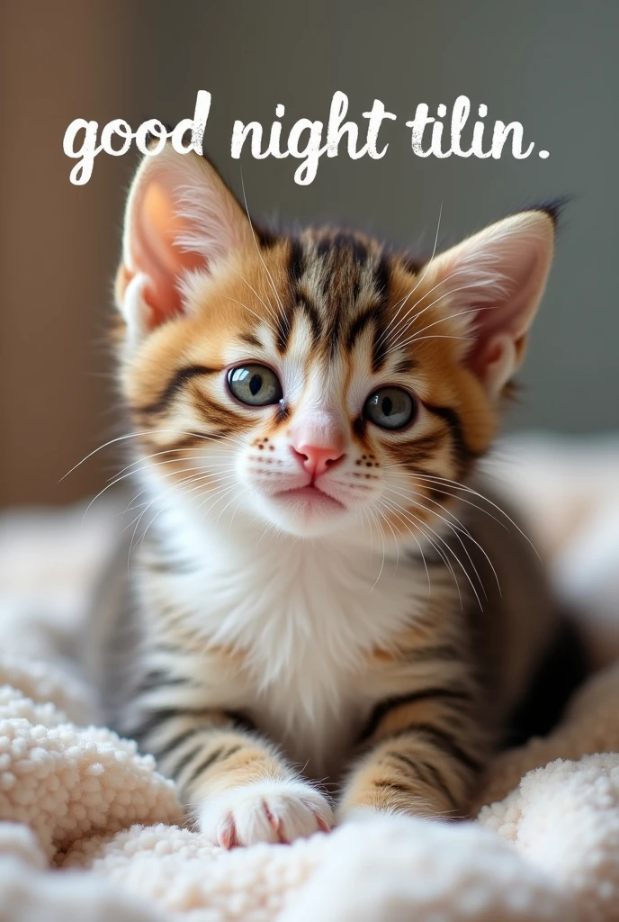 A photo of a realistic kitten that says "good night tilin"