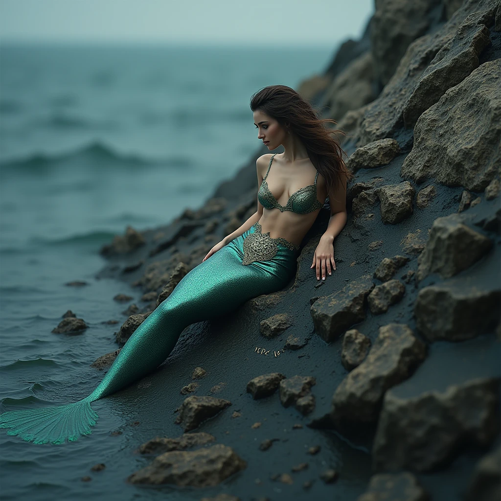 a mermaid, on a rocky slope she is extremely beautiful and sensual. His name is Vepar there is a signature with this name