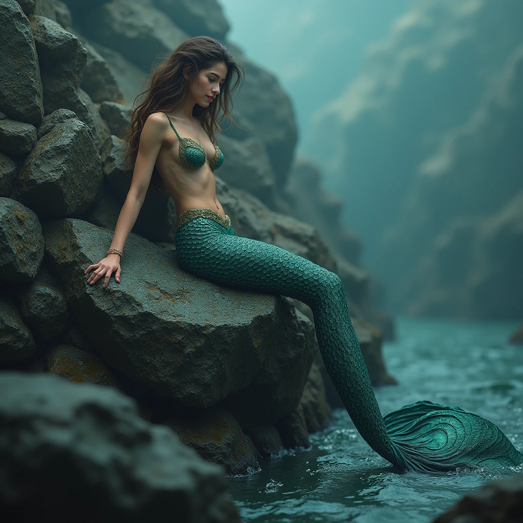 a mermaid, on a rocky slope she is extremely beautiful and sensual. His name is Vepar there is a signature with this name 