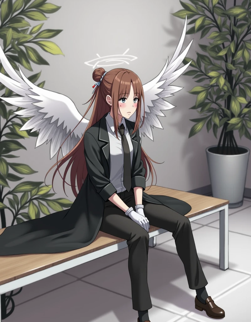 picture of a woman sitting on a bench with wings, 1girl, solo, brown hair, shirt, gloves, long sleeves, sitting, jacket, white shirt, wings, necktie, shoes, collared shirt, pants, white gloves, hair bun, black footwear, black jacket, grey eyes, blood, halo, black pants, single hair bun, plant, feathered wings, black necktie, angel wings, blood on face, white wings, angel, potted plant, anime style, from girls frontline, fine details. girls frontline, girls frontline universe, girls frontline style, girls frontline, girls frontline cg, soft anime illustration, 2 0 2 2 anime style, 2022 anime style, pixiv contest winner, pretty anime character design, render of april