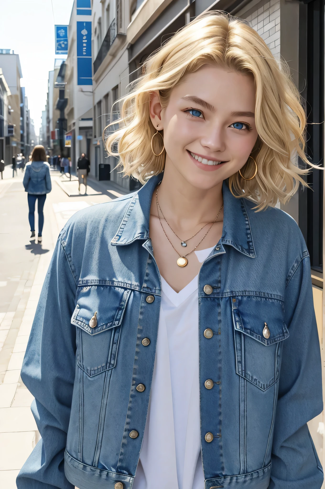 Clean white woman、、Blonde、blue eyes、Short Haircut、Wavy Hair、、smile、Denim jacket、shirt、ear piercing、necklace、、The background is a city street