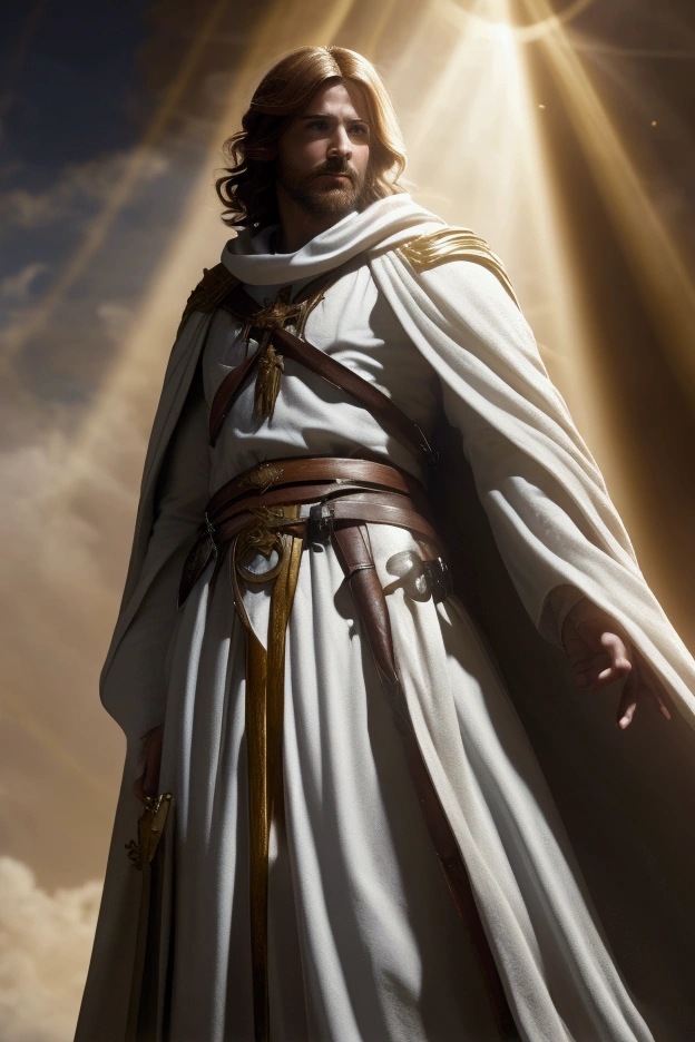 Gabriel angel, in a radiant white cloak, holding a sacred scroll, surrounded by a heavenly light as he descends from the heavens.