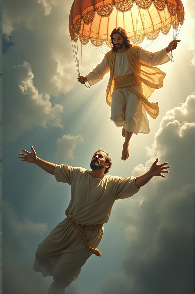 man falling from heights and Jesus with parachute trying to deliver the man, but man ignores Jesus&#39; help