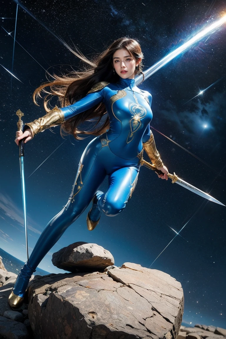 Highest quality, masterpiece, Realistic, High resolution, 8K RAW Photos, 1 person、Long Hair、goddess、Holding a decorated sword、Raise your sword、Glamour、(Blue bodysuit with light motif、Gold Edge)、pendant、Earrings、(Action pose)、(On a rock on a planet where you can see a meteor shower)、(Many stars floating in the starry sky）、shield、Attacking with a staff、戦闘goddess