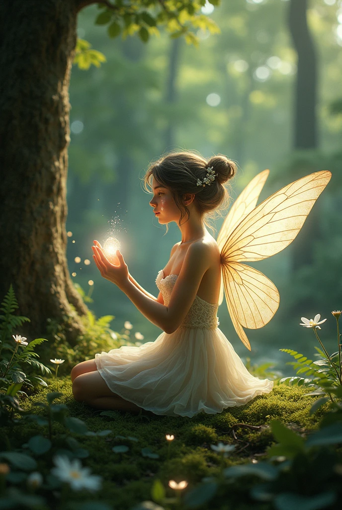 a forest fairy with translucent wings and a glow around her body, holding a sparkling stone and tears on her face, in a small clearing sitting at the foot of a tree  