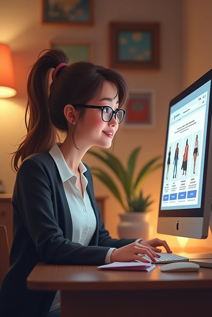 Create an image of a person with glasses, white blouse and black blazer, analyzing in front of a computer shopping online and happy