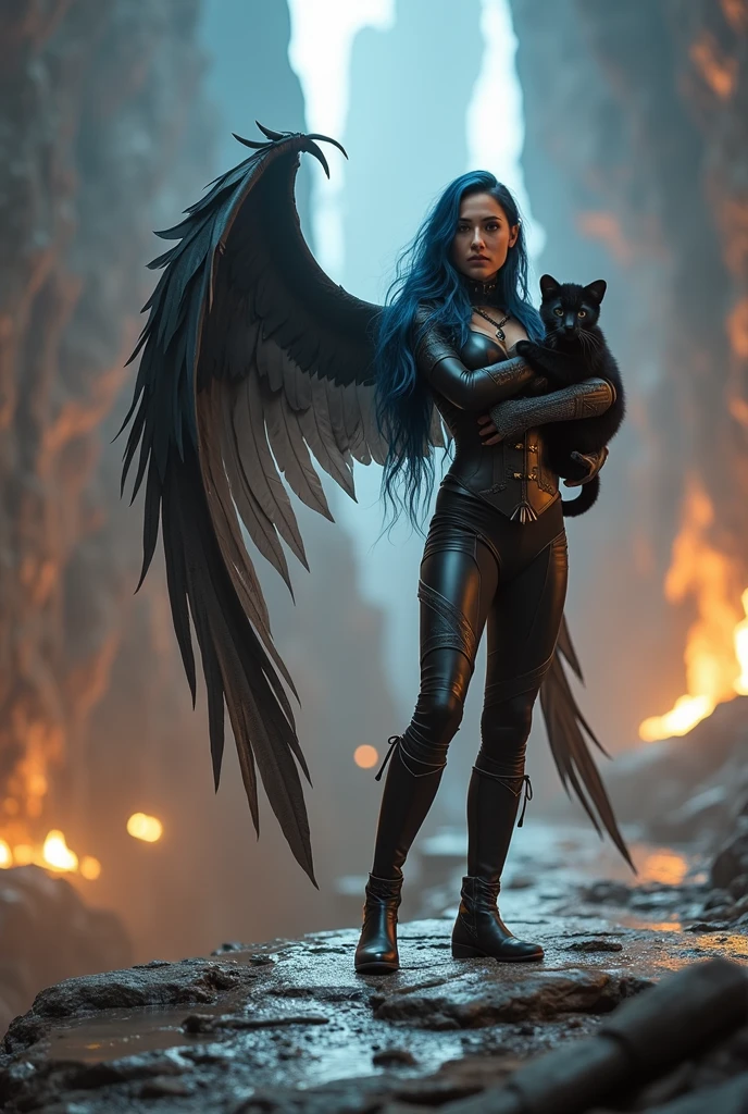 A cinematic photo of a powerful female warrior with cascading midnight blue hair and a sleek black armor. She is cradling a playful panther cub with soft black fur. Her confident pose is accentuated by her fitted black leggings and knee-high boots. Behind her, massive feathered wings unfold. The background features a gradient of muted colors and soft shapes, with a burst of light illuminating her figure.