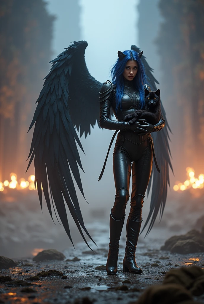 A cinematic photo of a powerful female warrior with cascading midnight blue hair and a sleek black armor. She is cradling a playful panther cub with soft black fur. Her confident pose is accentuated by her fitted black leggings and knee-high boots. Behind her, massive feathered wings unfold. The background features a gradient of muted colors and soft shapes, with a burst of light illuminating her figure.