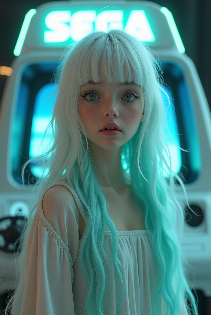 Jeune fillette au cheveux blanc et turquoise devant un simulateur voiture SEGA