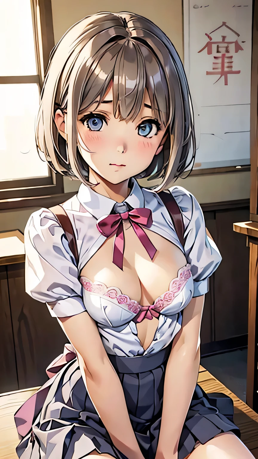 Highest quality、Realistic、、Japanese、zoom、cute、classroom、Grey Eyes、Light brown hair、Bob Hair、、Open white blouse、ribbon、Blue Check Pleated Skirt、Pink Bra、Skirt flip、Bink's Panties、Face close-up、thin、Small breasts、Pouting、